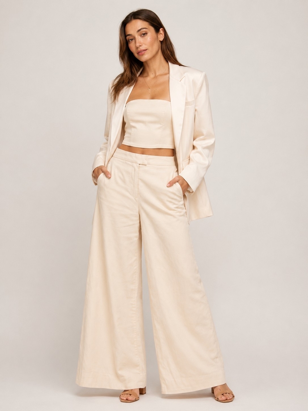 MISA Los Angeles 3-Piece Ivory Suit – Blazer S | Tube Top M | Wide Leg Pants M